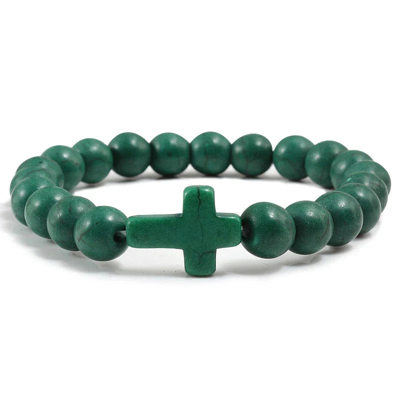 Cross Bracelet in Dark Green Natural Stones