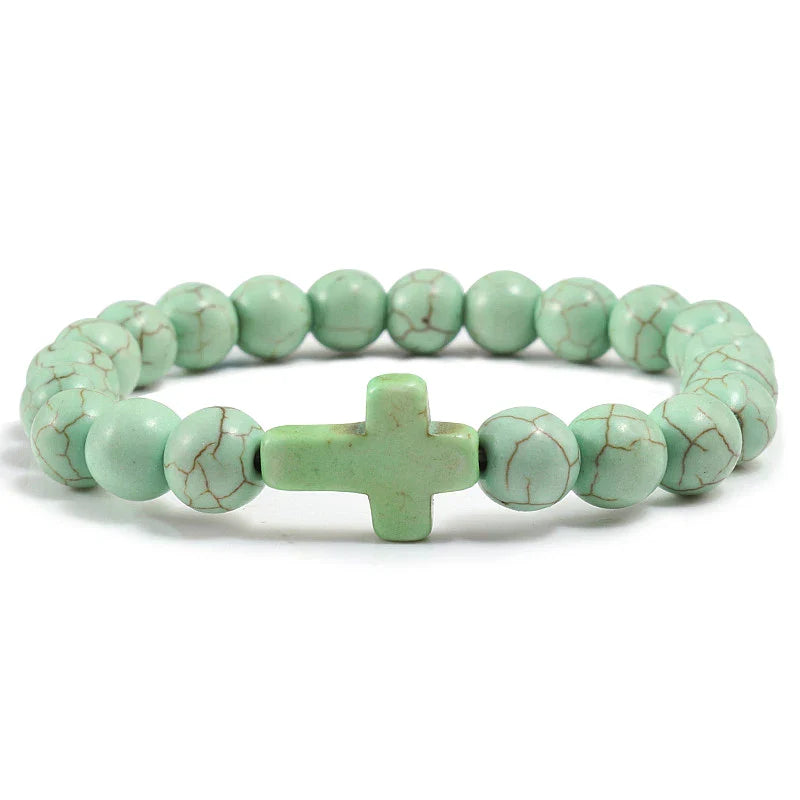 Cross Bracelet in Apple Green Natural Stones
