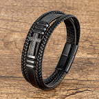 Bracelet Croix Et Tresse En Cuir noir