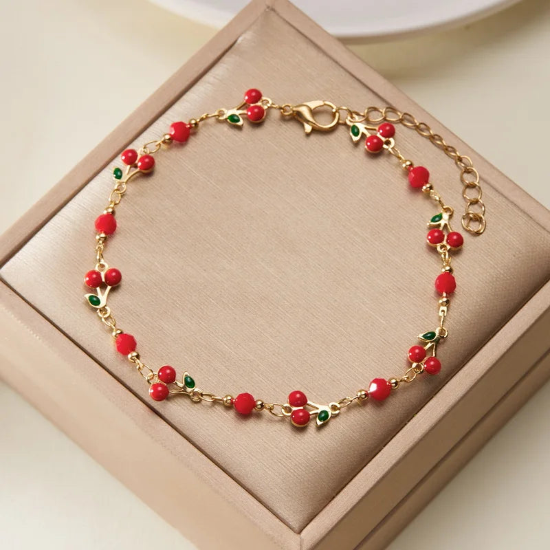 Bracelet de Cheville avec Cerises Fleurs