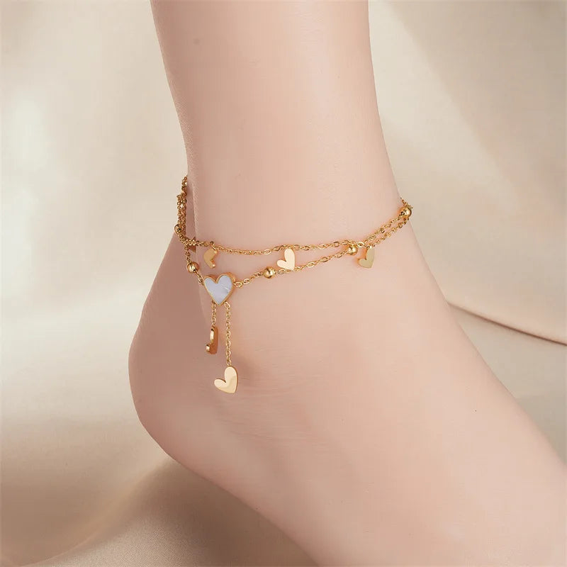 Bracelet de Cheville Double Rang Coeur