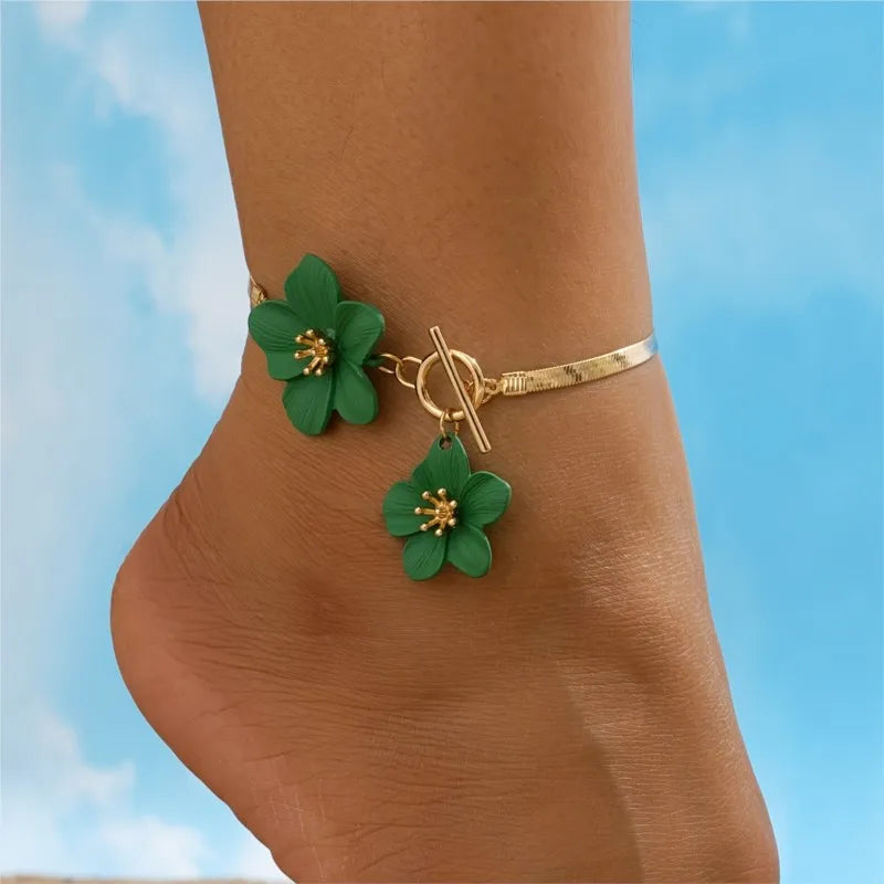 Bracelet de cheville fleur pour femme vert