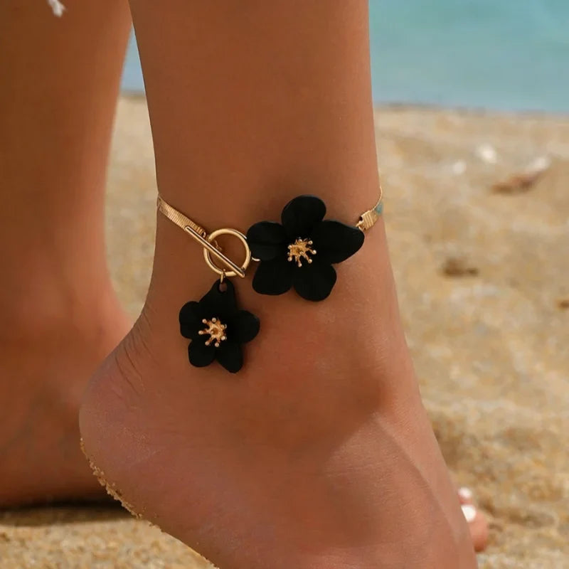 Bracelet de cheville fleur pour femme noir