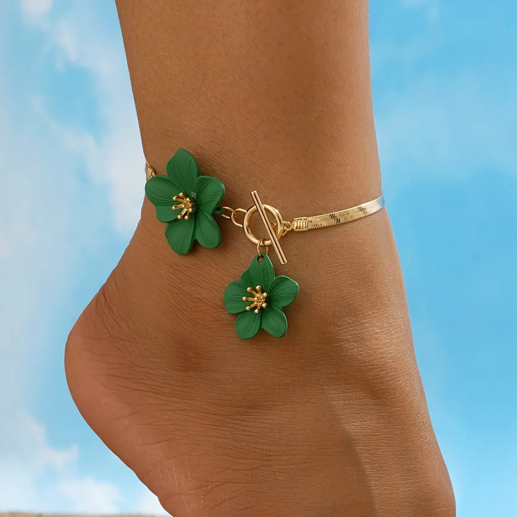 Bracelet de cheville fleur pour femme vert