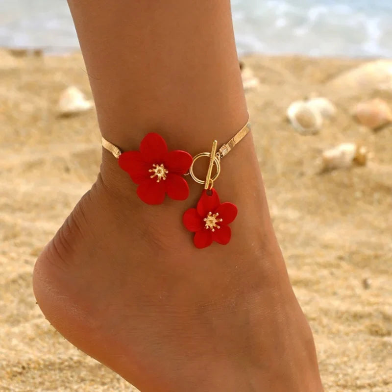 Bracelet de cheville fleur pour femme rouge