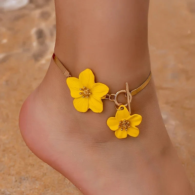 Bracelet de cheville fleur pour femme jaune