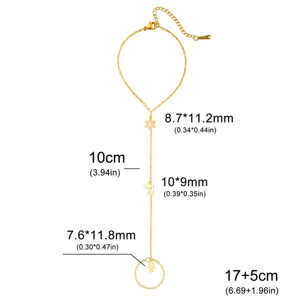 Bracelet de main et doigt avec pendentifs de protection juifs Chai, étoile de David et main de Fatma étoile or