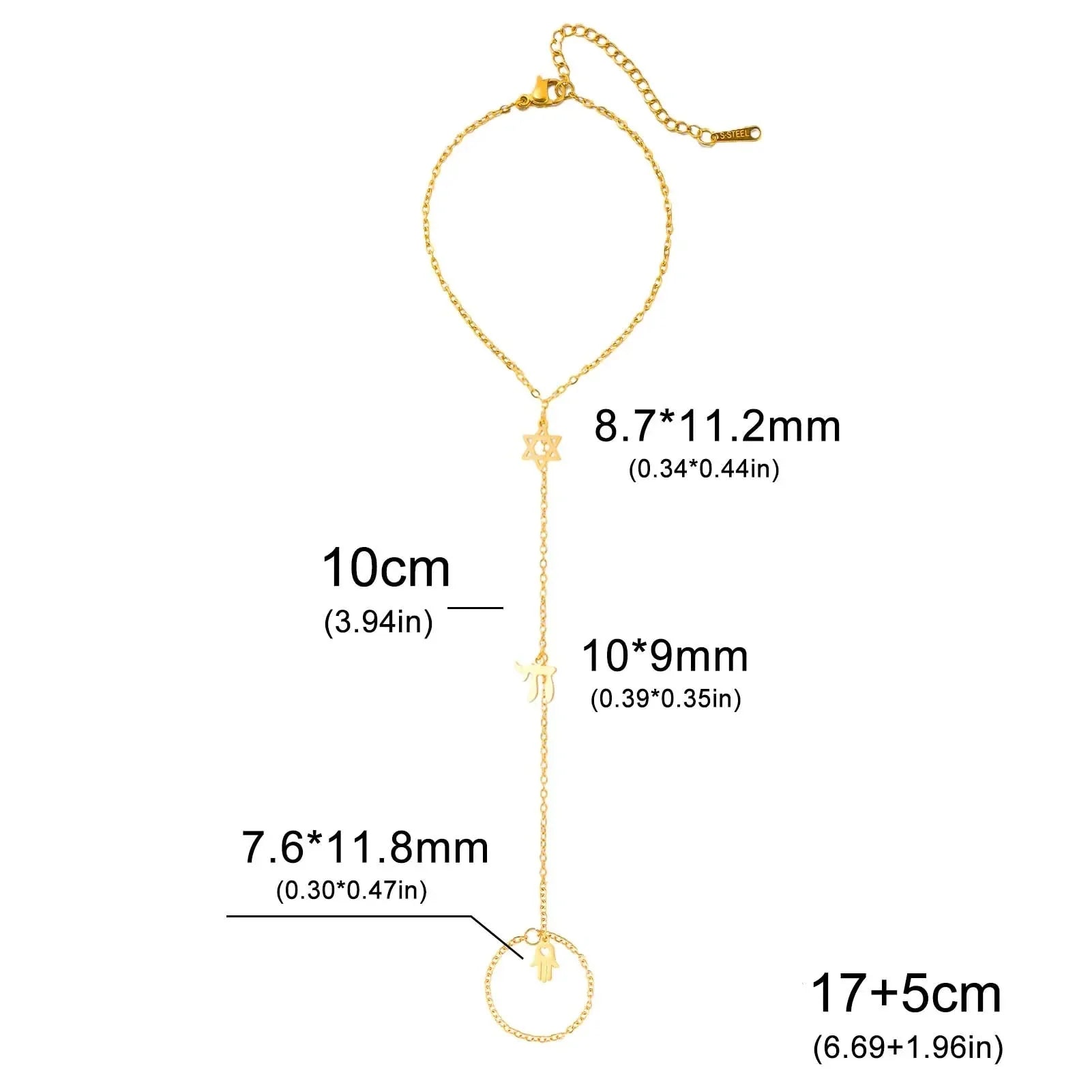 Bracelet de main et doigt avec pendentifs de protection juifs Chai, étoile de David et main de Fatma étoile or
