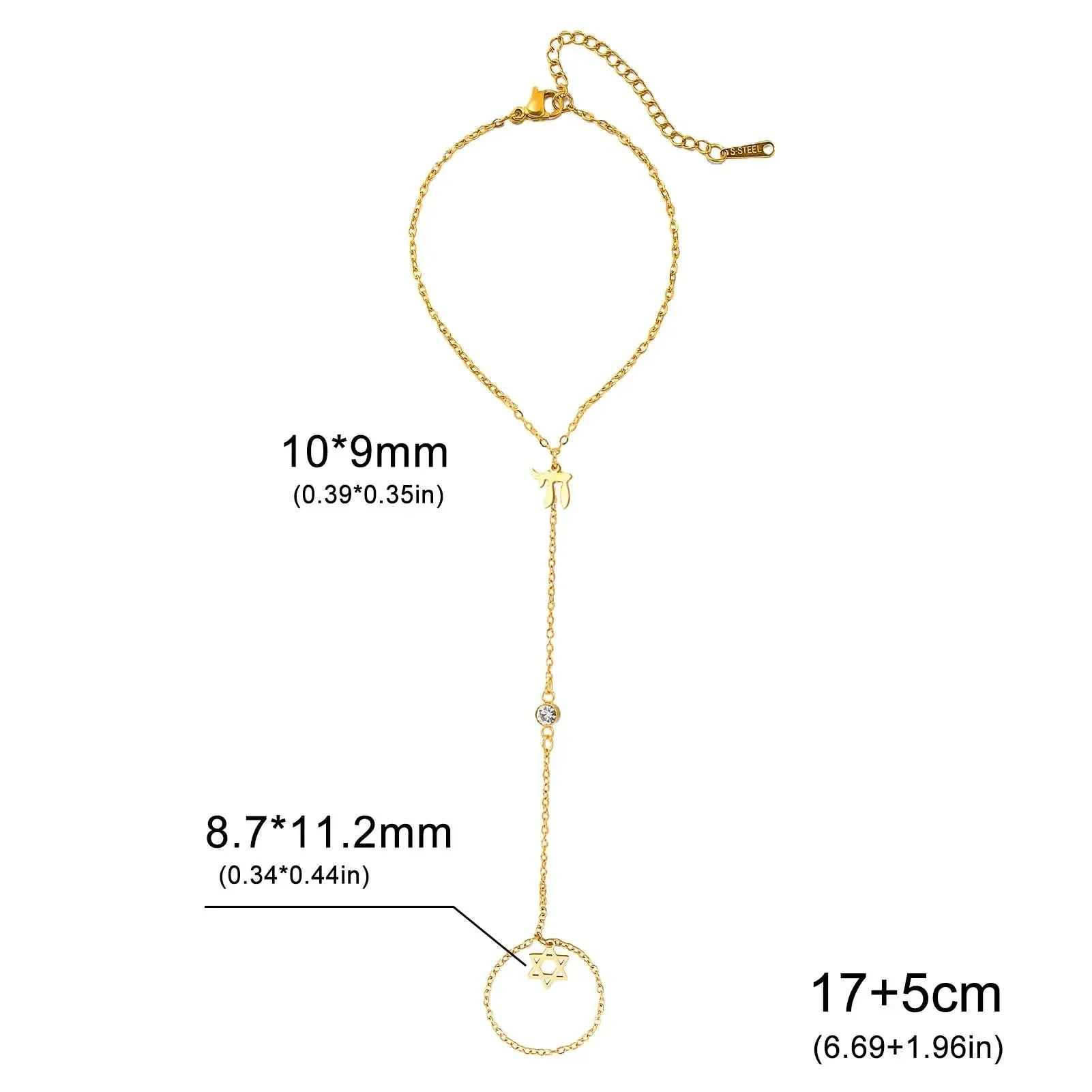 Bracelet de main et doigt avec pendentifs de protection juifs Chai, étoile de David et main de Fatma Chai or