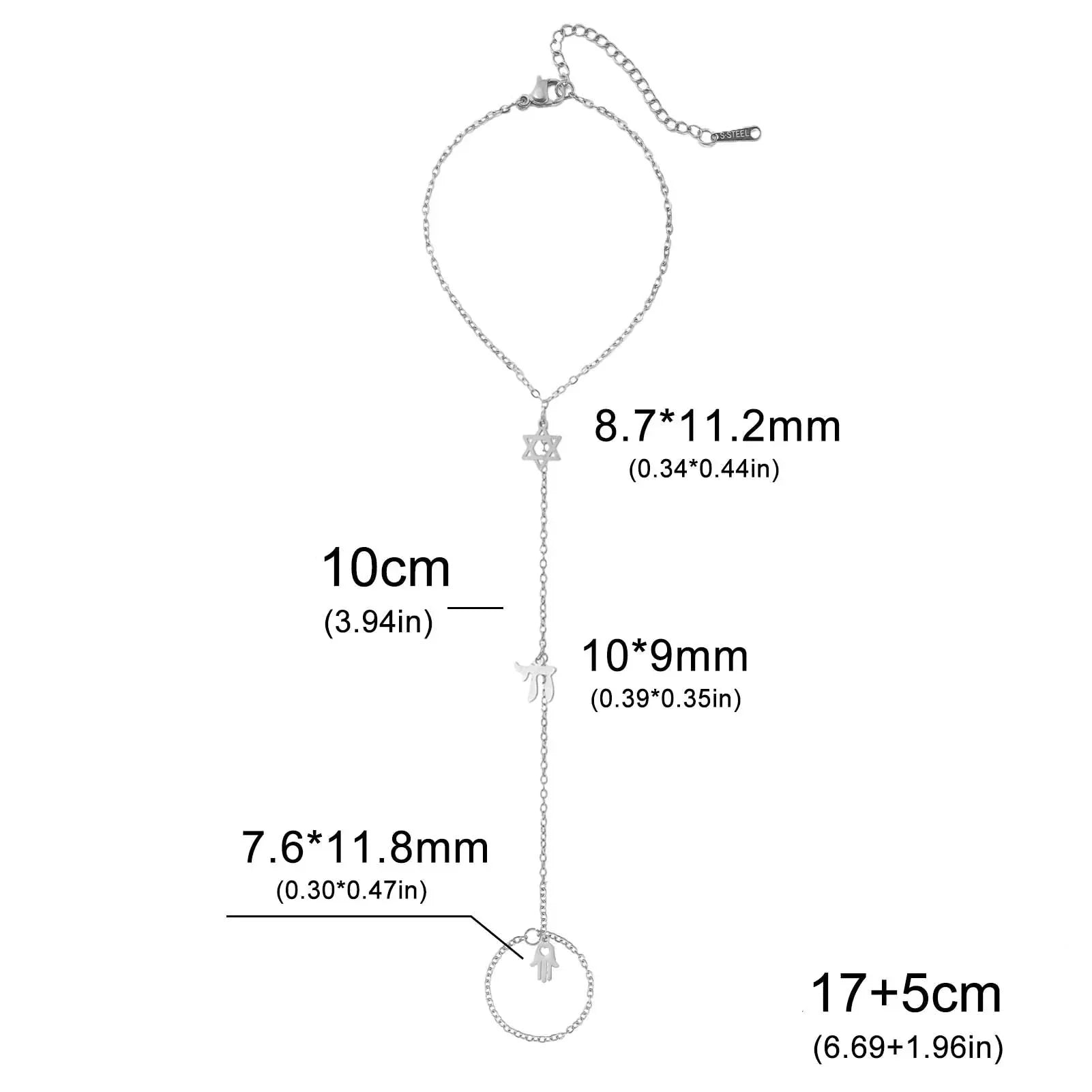 Bracelet de main et doigt avec pendentifs de protection juifs Chai, étoile de David et main de Fatma étoile argent