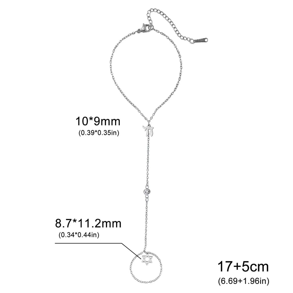 Bracelet de main et doigt avec pendentifs de protection juifs Chai, étoile de David et main de Fatma Chai argent