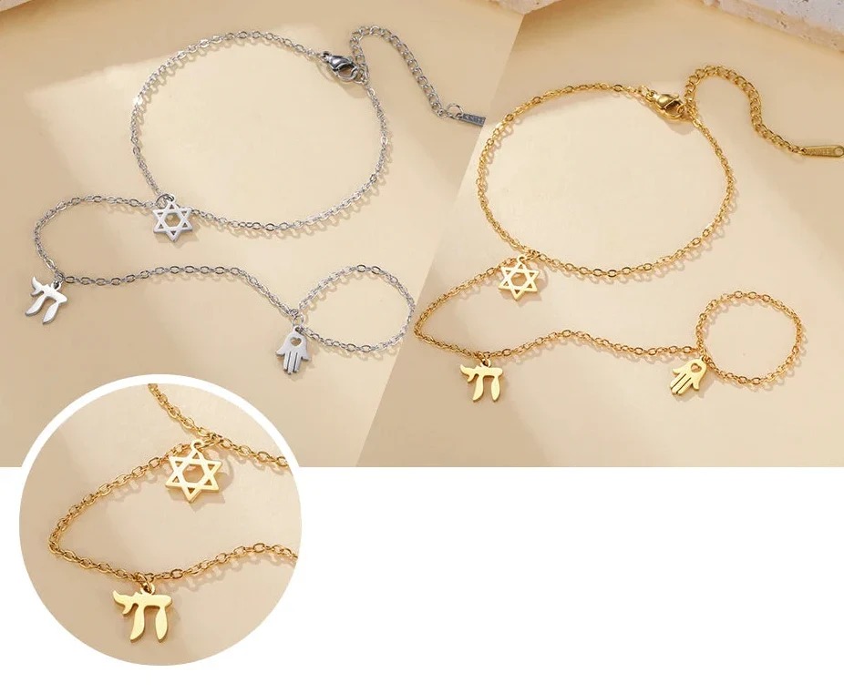 Bracelet de main et doigt avec pendentifs de protection juifs Chai, étoile de David et main de Fatma étoile or et argent