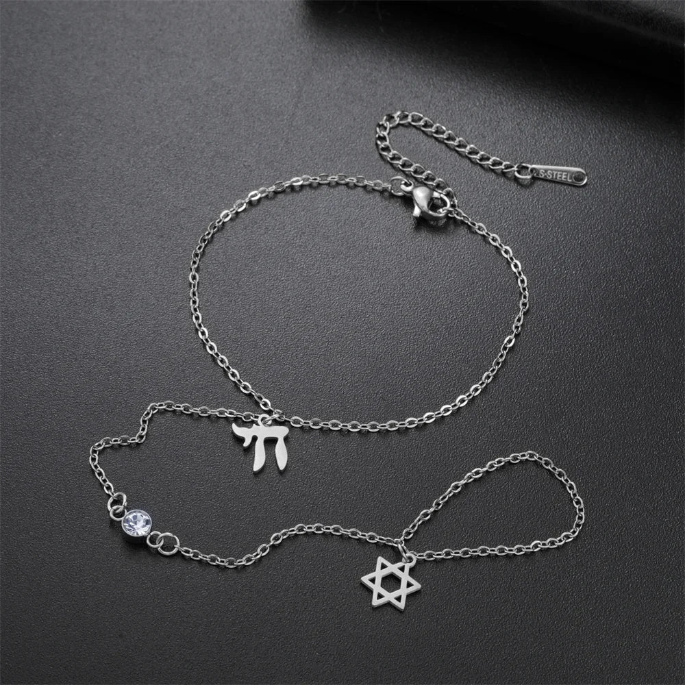 Bracelet de main et doigt avec pendentifs de protection juifs Chai, étoile de David et main de Fatma Chai argent