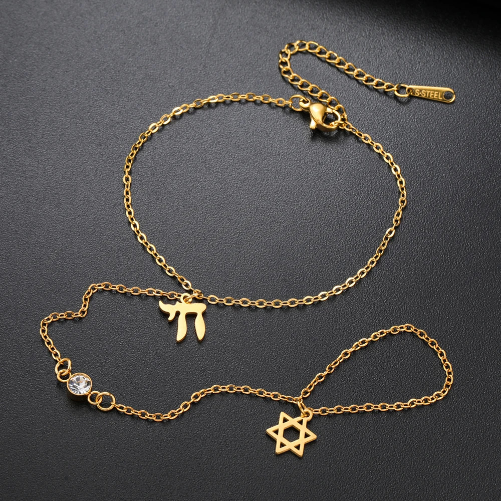 Bracelet de main et doigt avec pendentifs de protection juifs Chai, étoile de David et main de Fatma Chai or