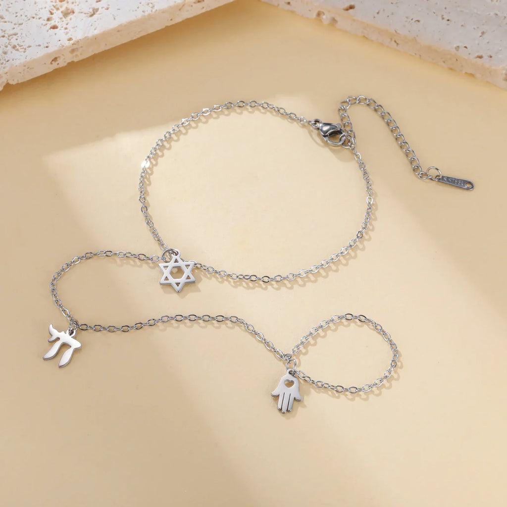 Bracelet de main et doigt avec pendentifs de protection juifs Chai, étoile de David et main de Fatma étoile argent