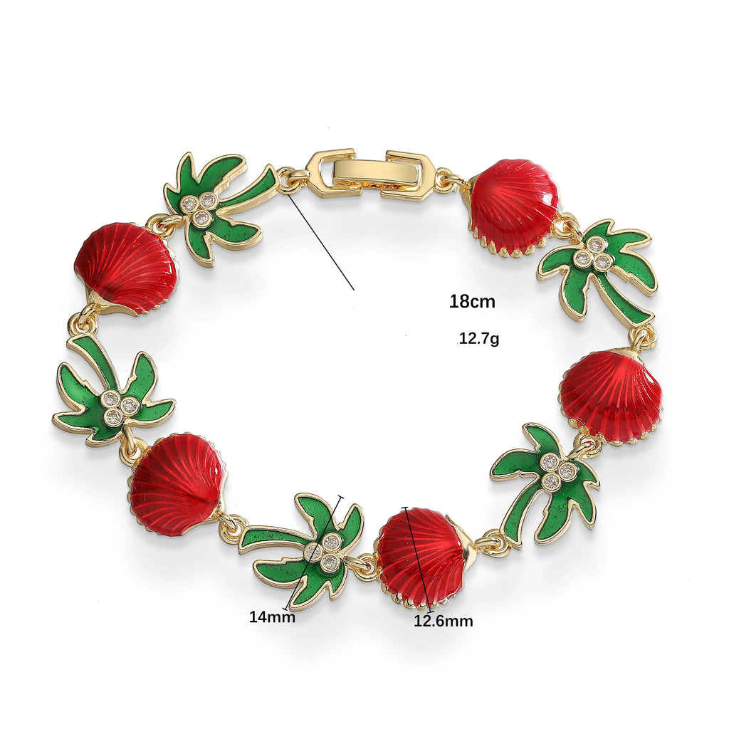 Bracelet de palmiers en émail vert et coquillages rouges