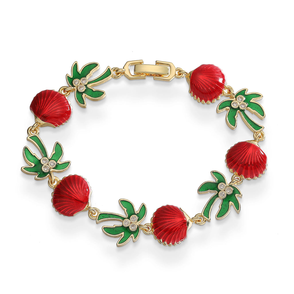 Bracelet de palmiers en émail vert et coquillages rouges