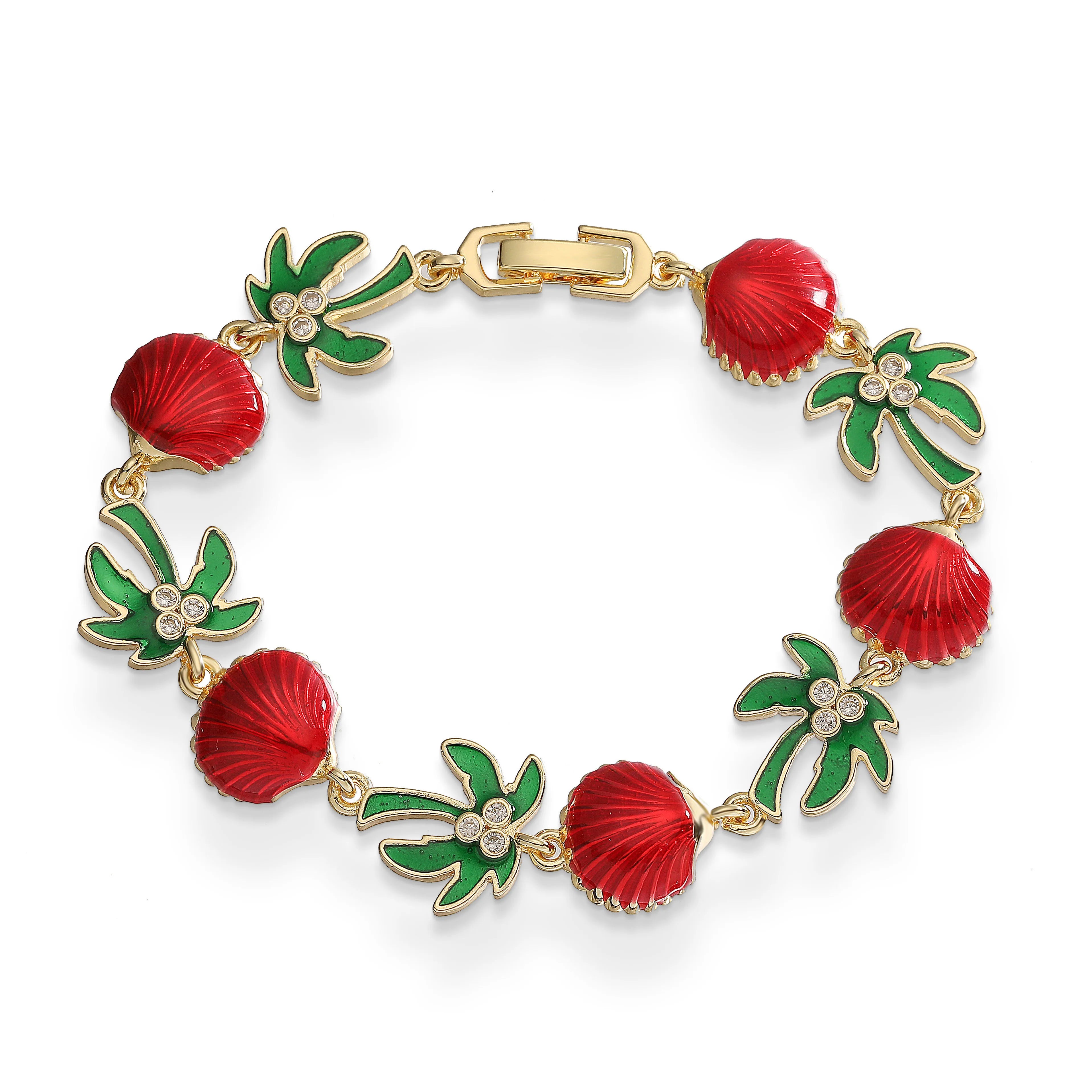 Bracelet de palmiers en émail vert et coquillages rouges