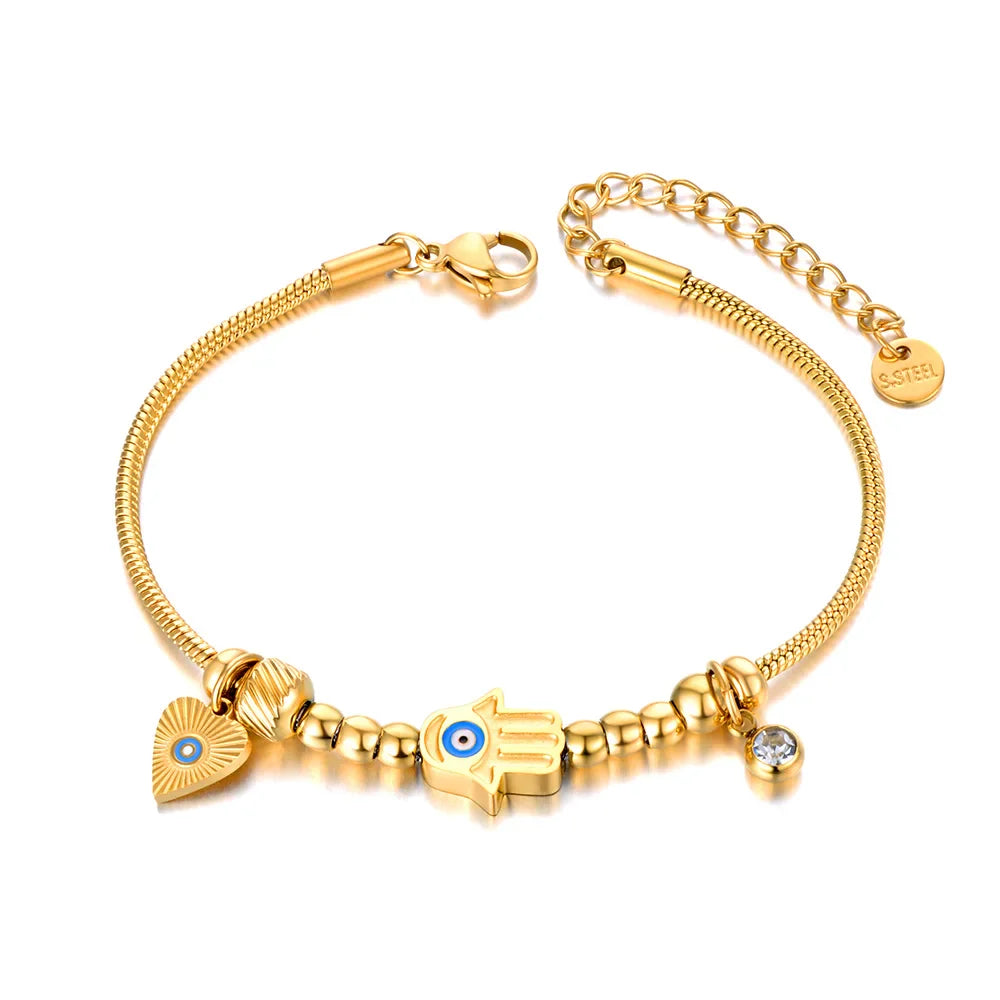 Protection Bracelet with Hand of Fatima and Blue Eye gold