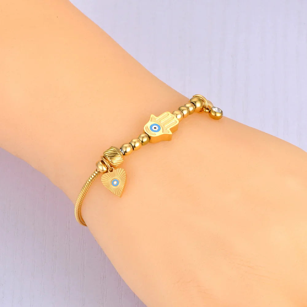 Protection Bracelet with Hand of Fatima and Blue Eye gold