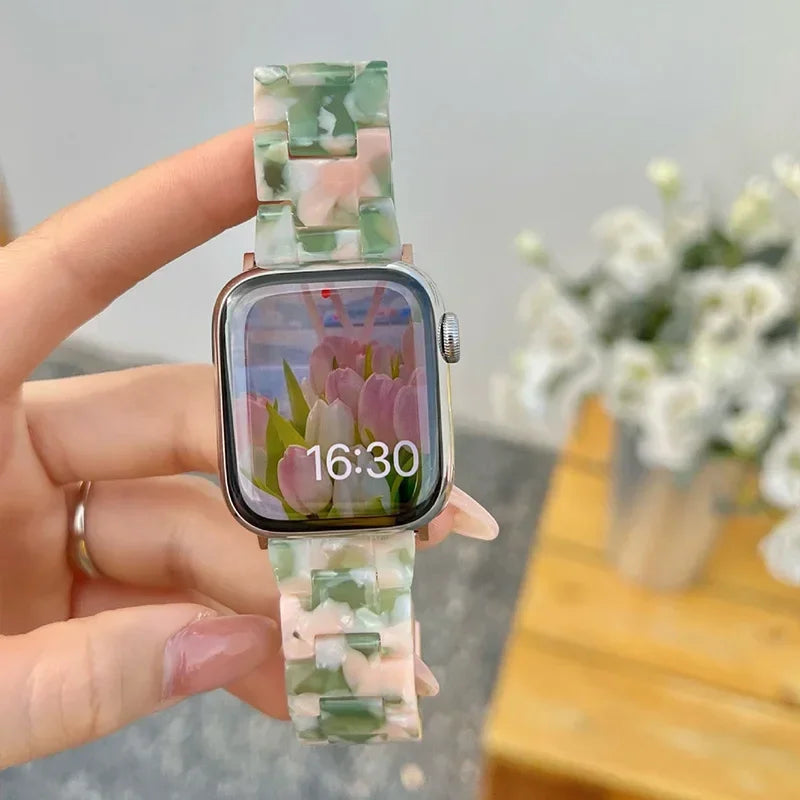Bracelet de remplacement pour Apple Watch en résine vert et rose
