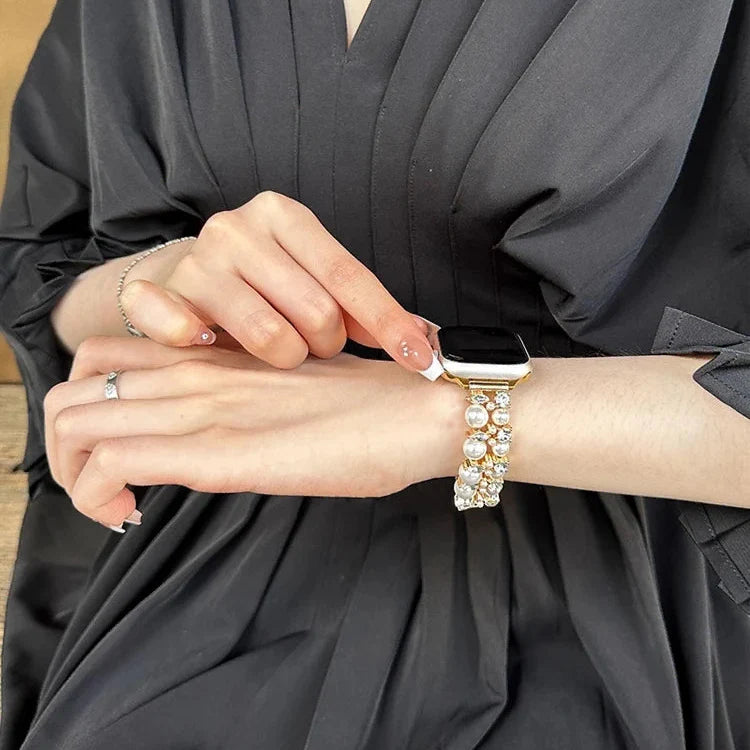 Bracelet de remplacement pour Apple Watch en strass et perles or