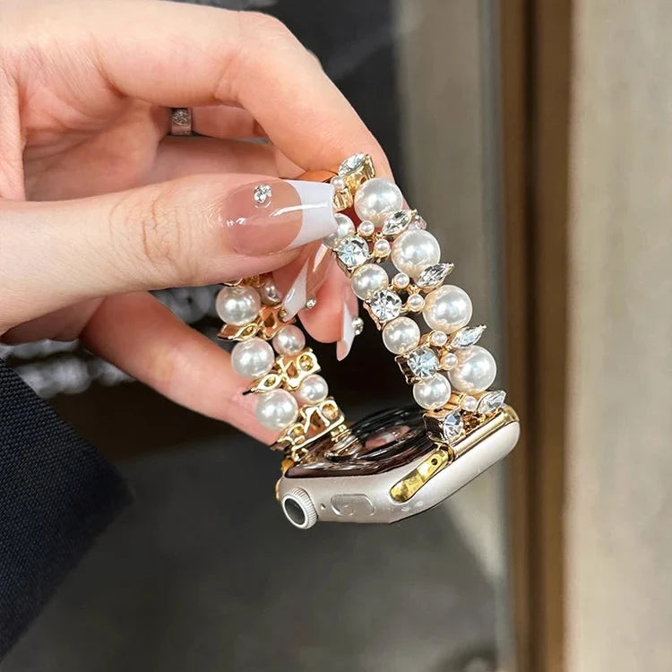 Bracelet de remplacement pour Apple Watch en strass et perles or et perle