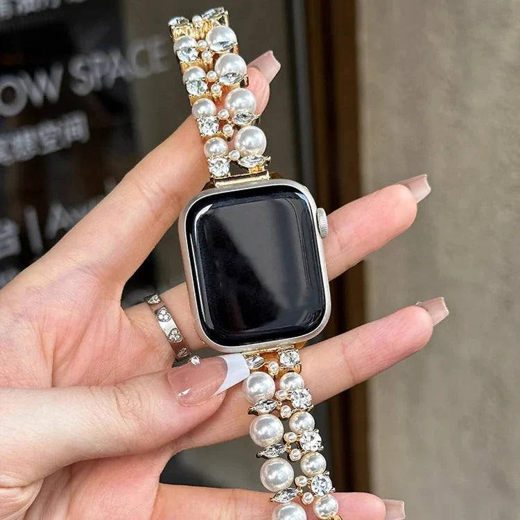 Bracelet de remplacement pour Apple Watch en strass et perles or et perle