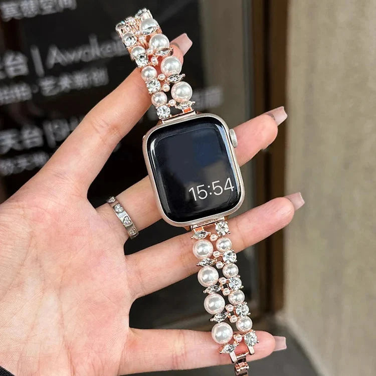 Bracelet de remplacement pour Apple Watch en strass et perles or rose