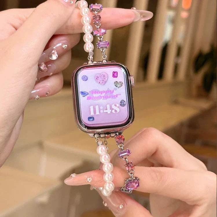Bracelet de remplacement pour Apple Watch en strass et perles rose