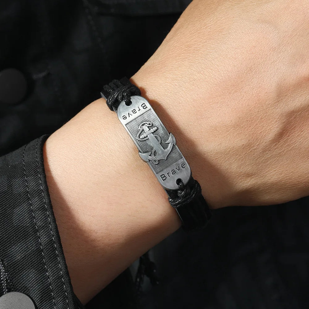Leather Waves Anchor Bracelet 