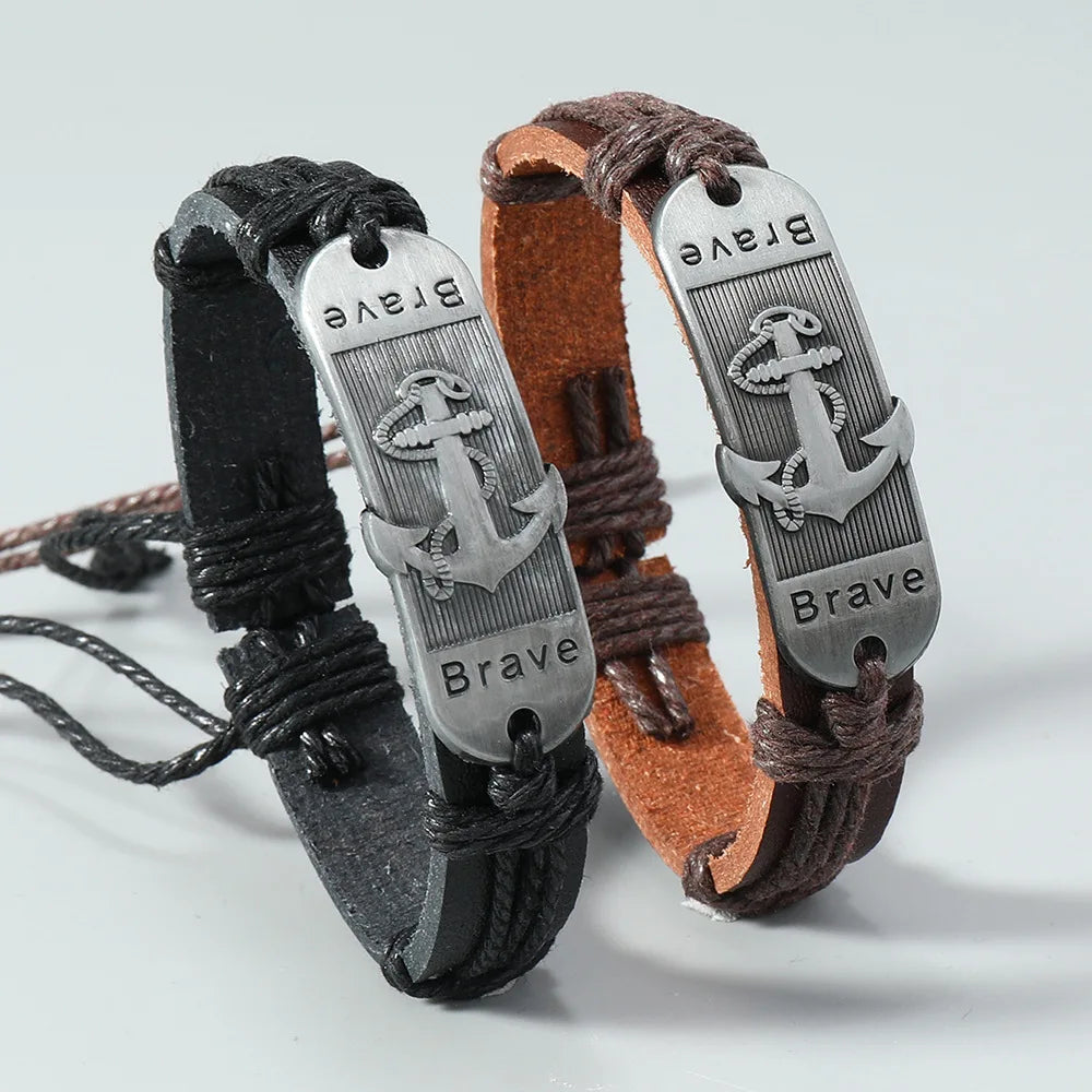 Leather Waves Anchor Bracelet 