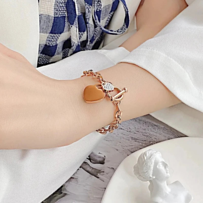 Double Heart Chain Bracelet for Women rose gold