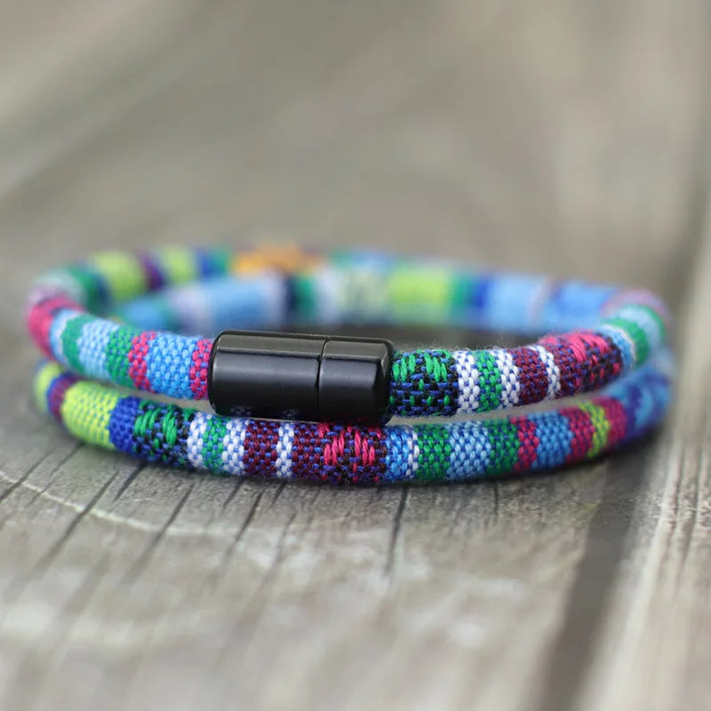 Multicolored Ethnic Double Braided Bracelet blue