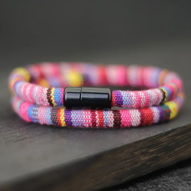 Multicolored Ethnic Double Braided Bracelet pink
