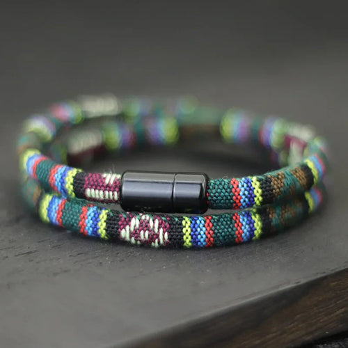 Bracelet Double Tressé Ethnique Multicolore vert