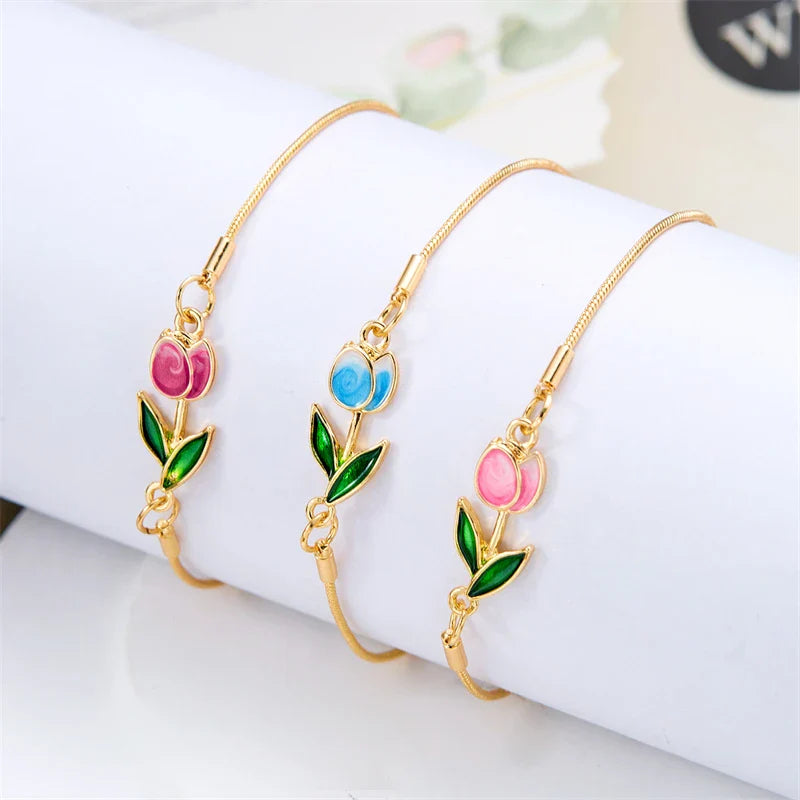 Elegant Pink Tulip Flower Bracelet