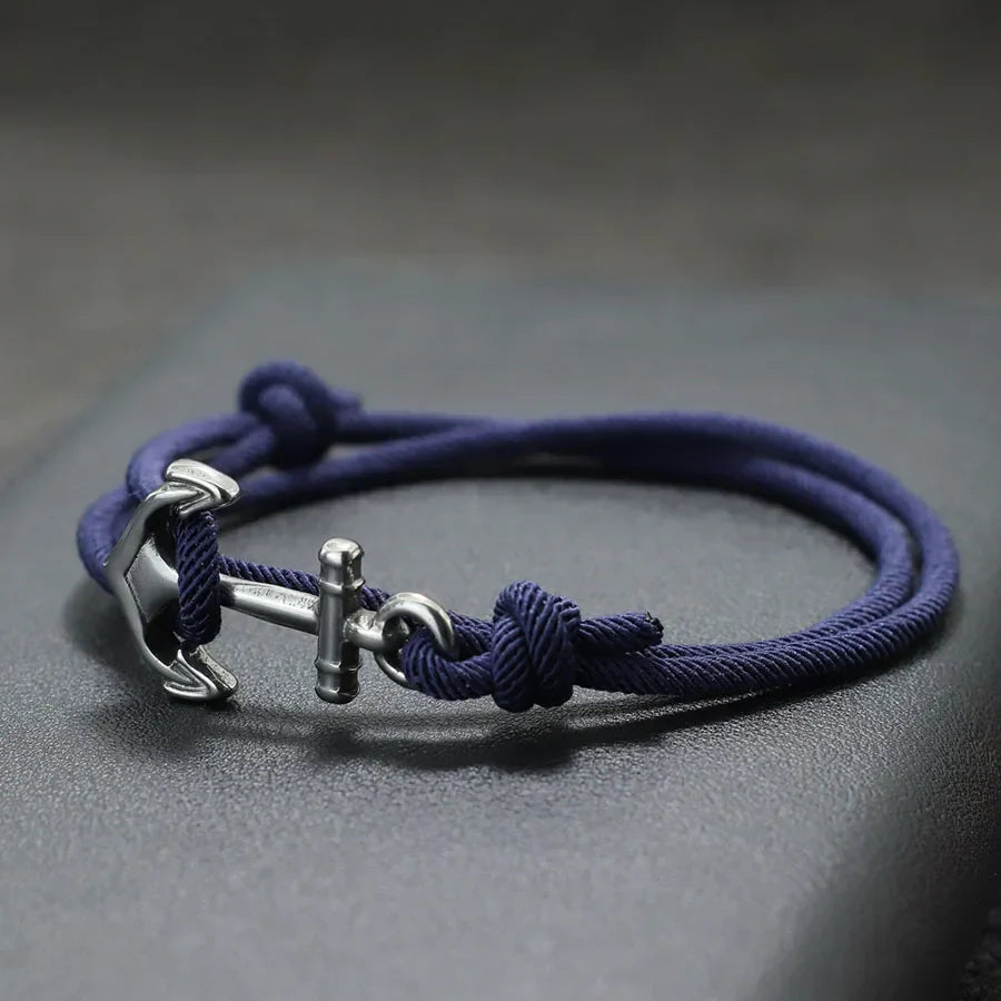 Bracelet en corde ancre bleu marine