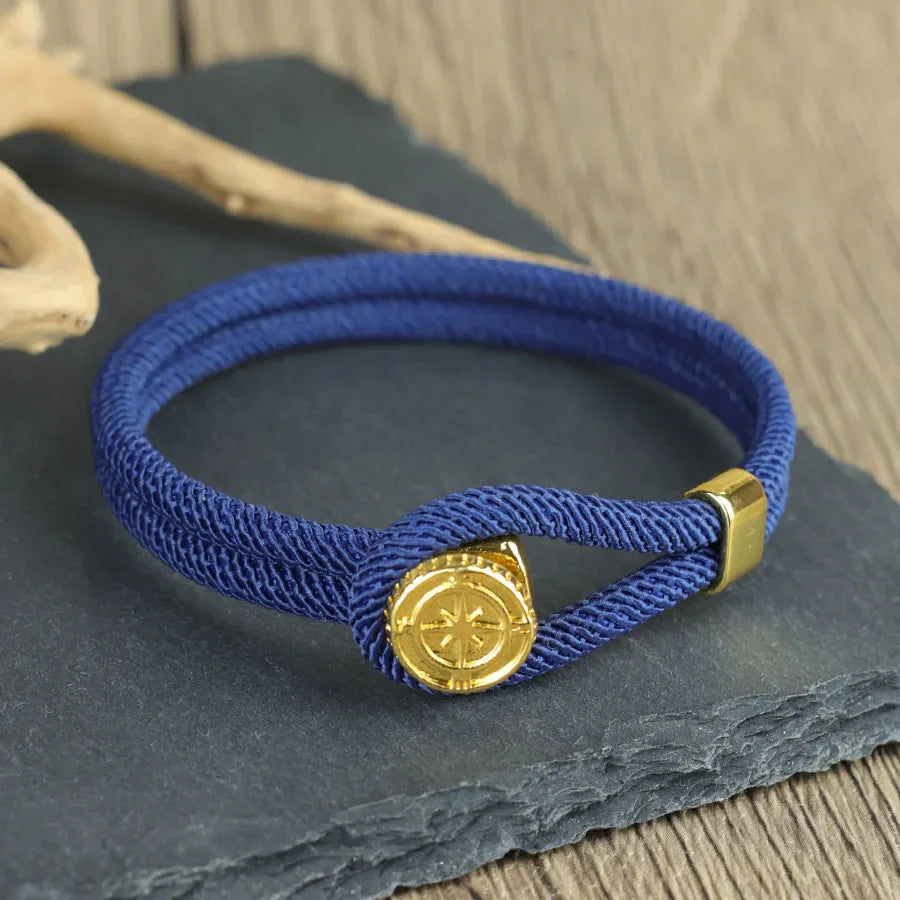 Rope Bracelet with Nautical Compass Navy Blue Wind Rose