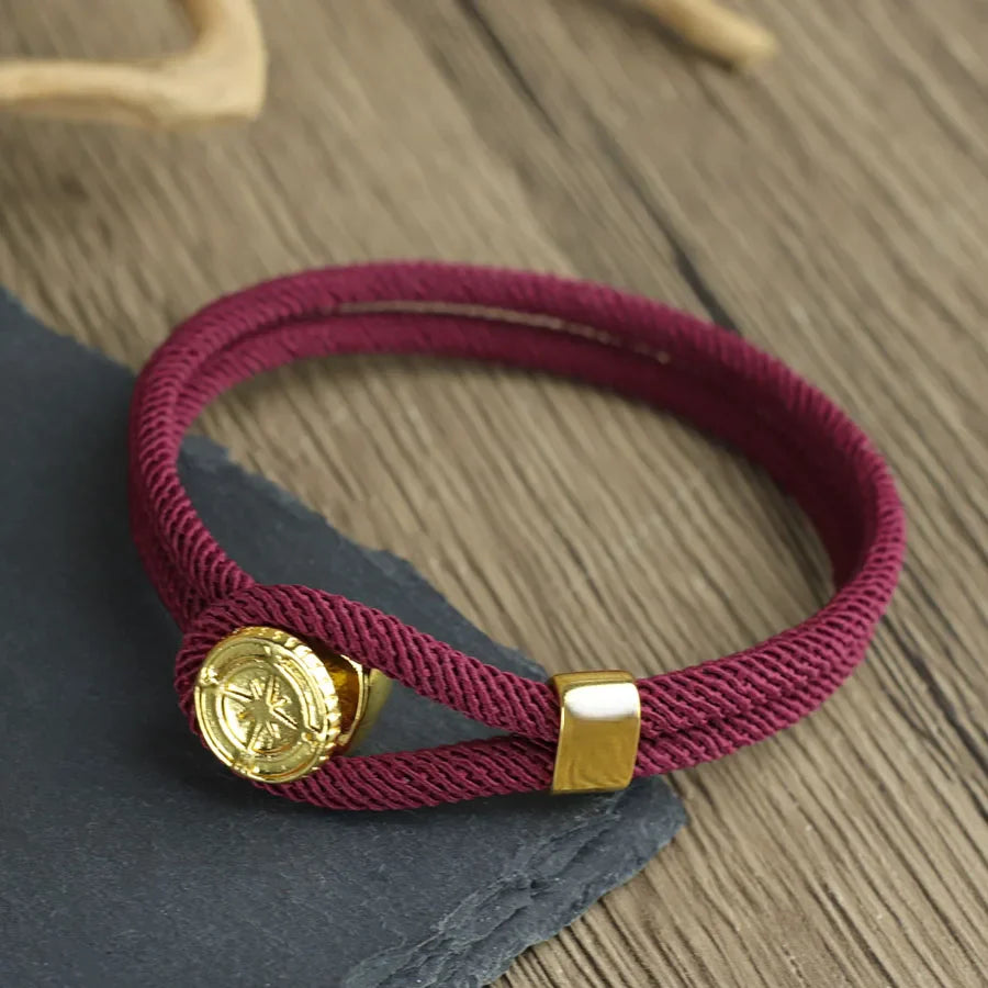 Rope Bracelet with Nautical Compass Burgundy Wind Rose