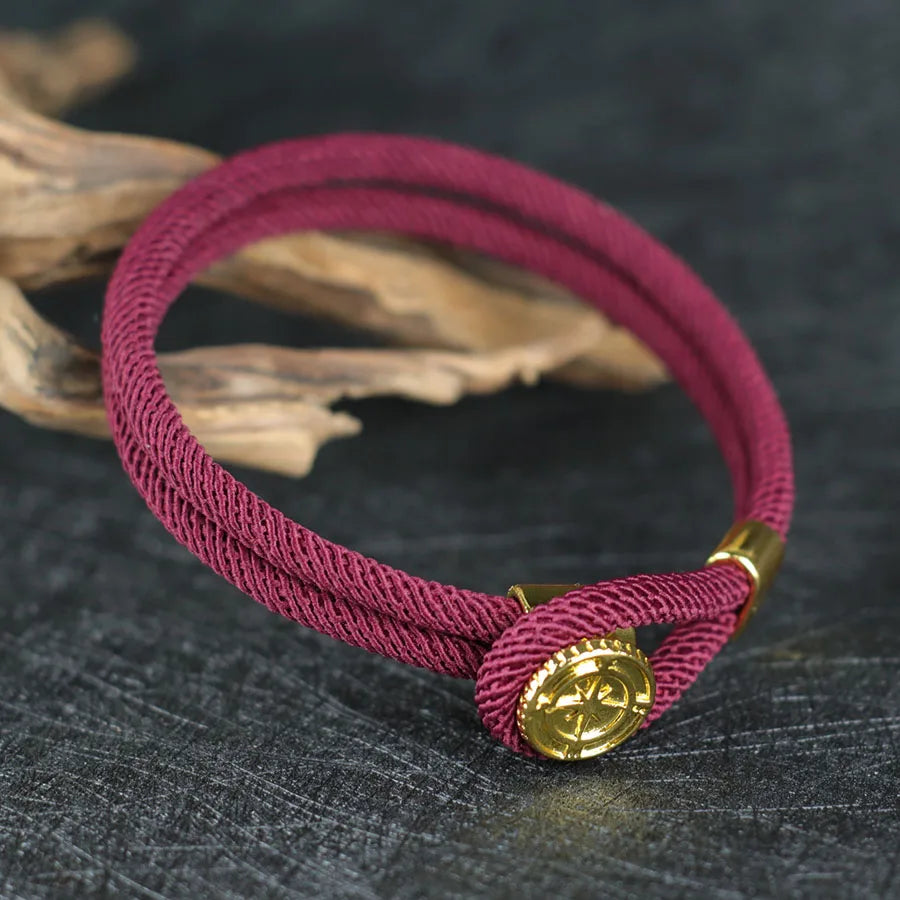 Rope Bracelet with Nautical Compass Burgundy Wind Rose