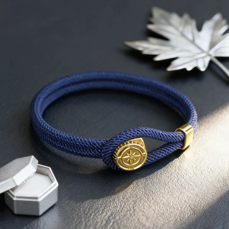 Rope Bracelet with Nautical Compass Navy Blue Wind Rose