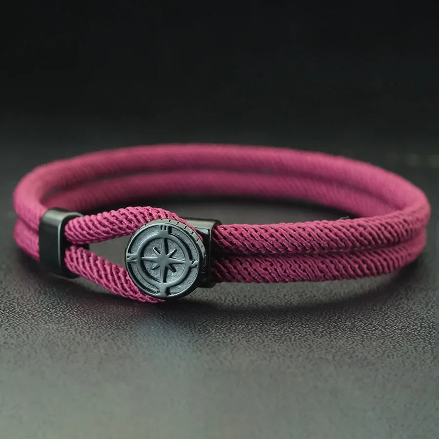 Cord Bracelet with Black Compass Burgundy Wind Rose