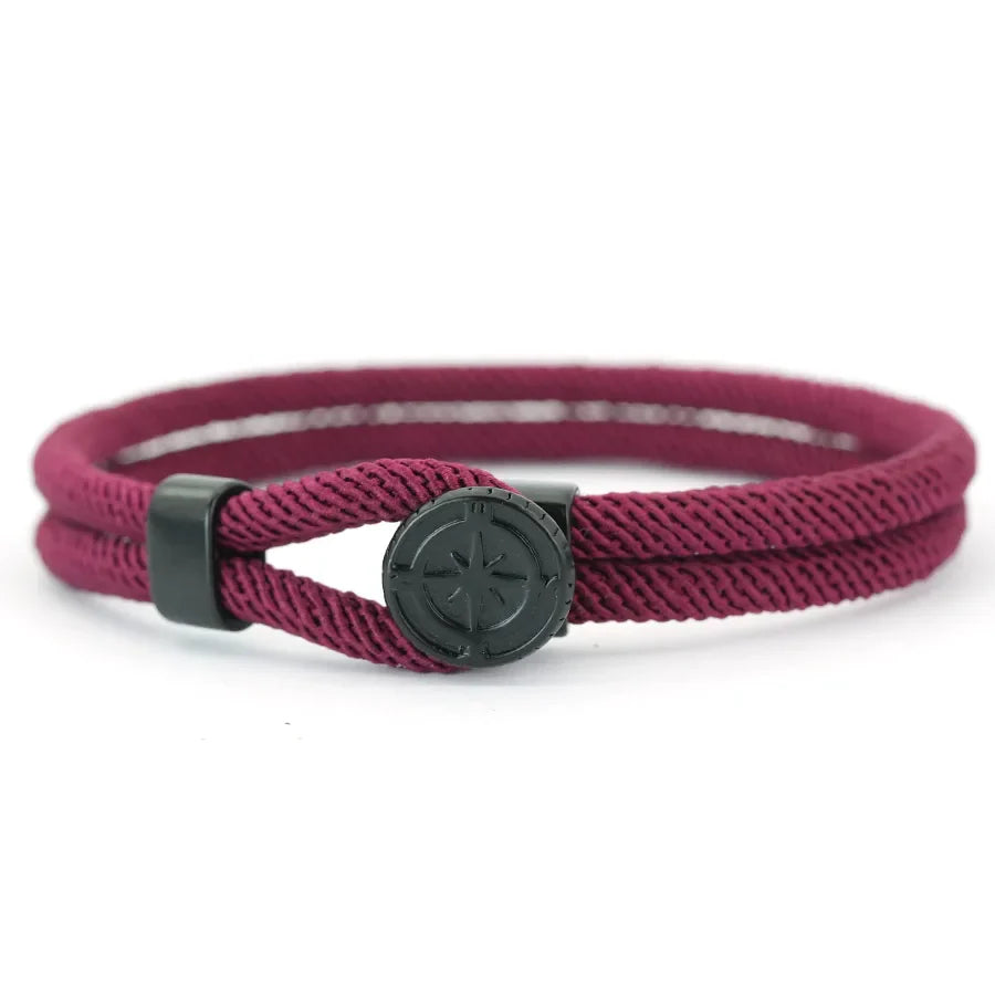 Cord Bracelet with Black Compass Burgundy Wind Rose
