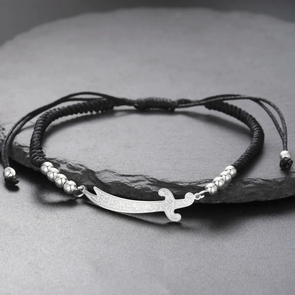 Bracelet en corde avec épée Ali Zulfiqar arabe noir argent