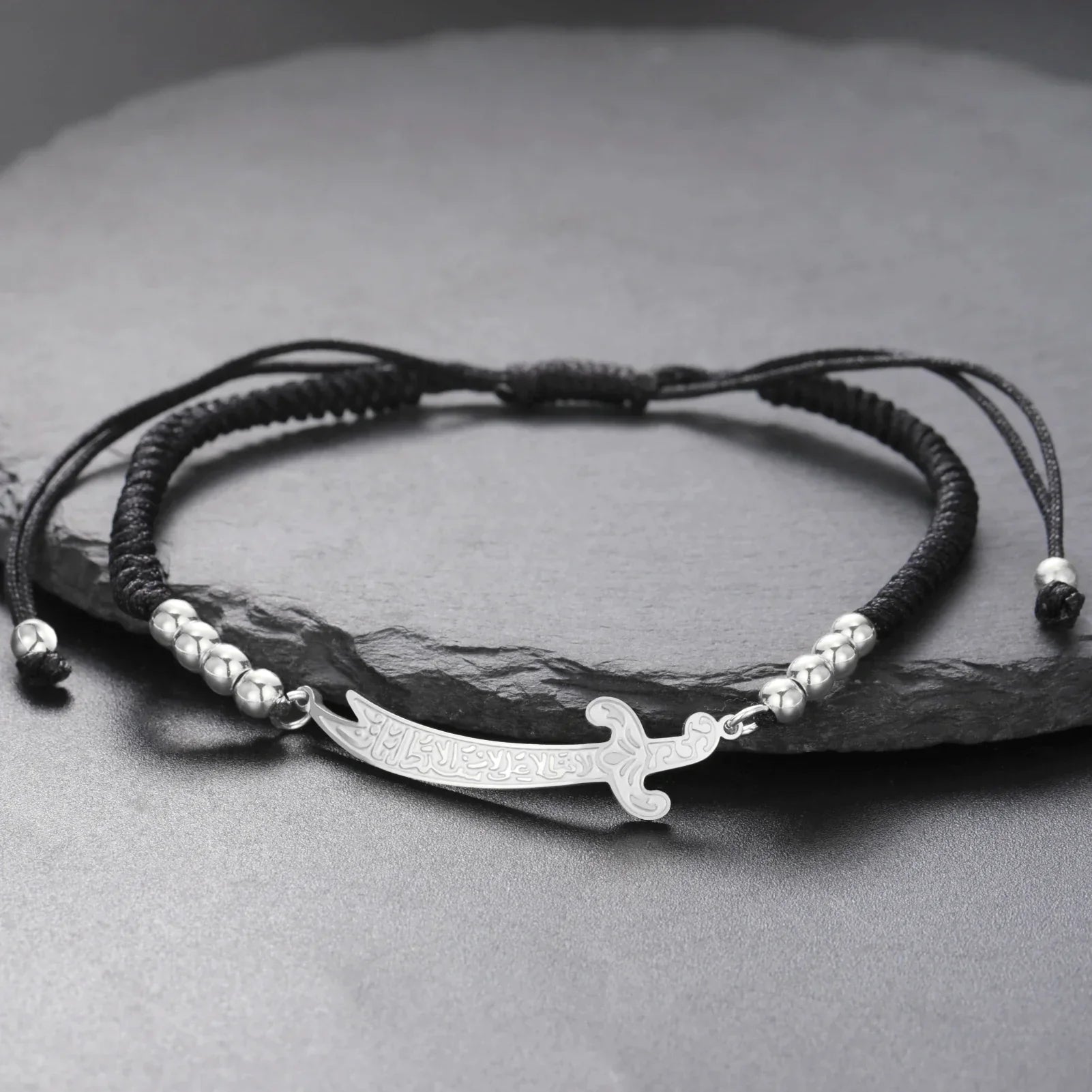 Bracelet en corde avec épée Ali Zulfiqar arabe noir argent