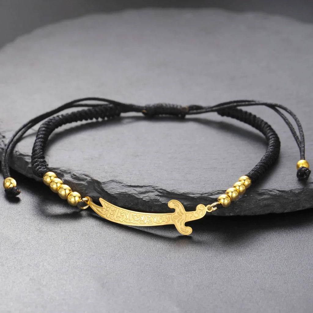 Bracelet en corde avec épée Ali Zulfiqar arabe noir or