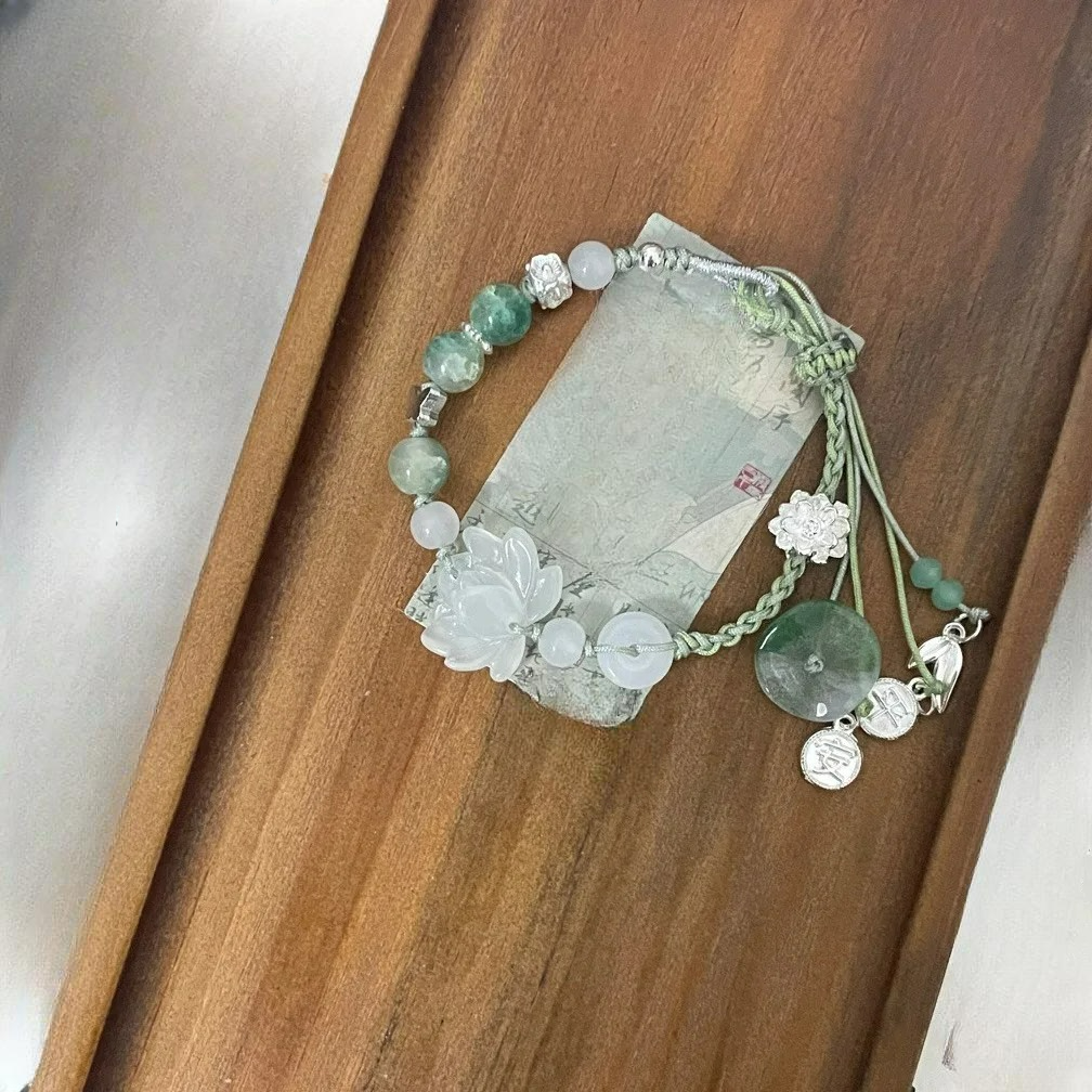 Cord Bracelet with Beads and Lotus Flower