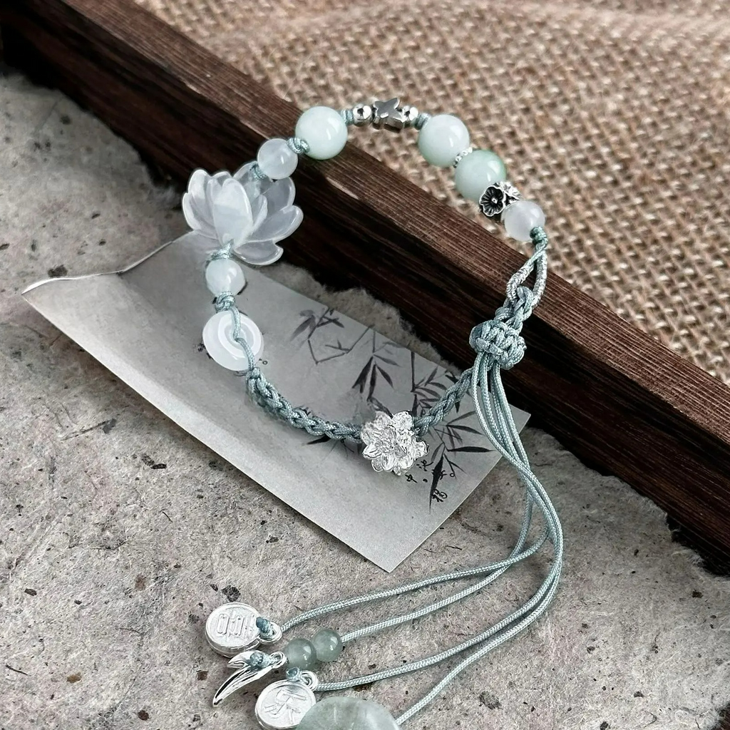 Cord Bracelet with Beads and Lotus Flower