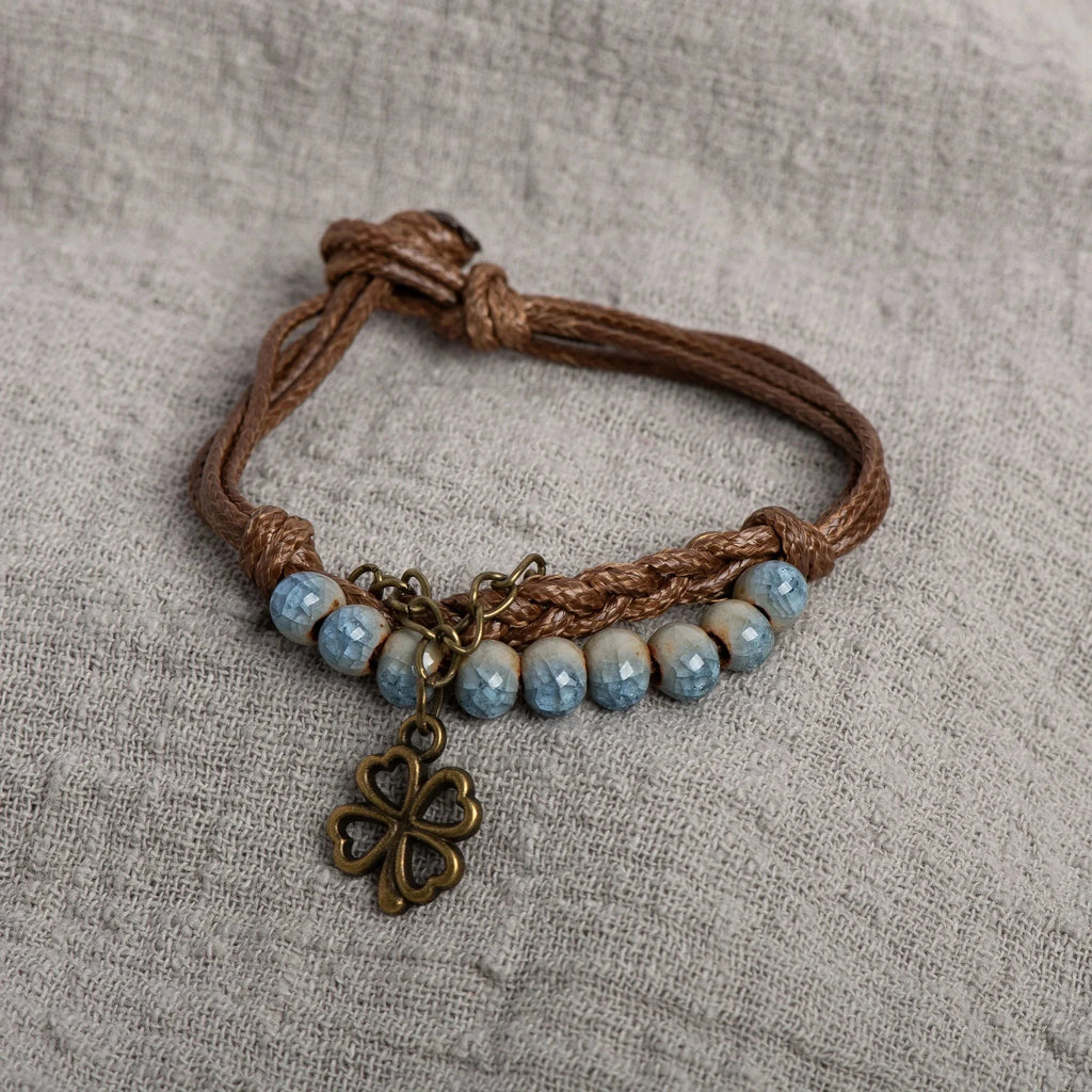 Cord Bracelet with Four-Leaf Clover and Blue Beads